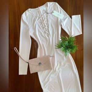 NWT DANCE & MARVEL Long Sleeve Midi Nude Plunge Dress